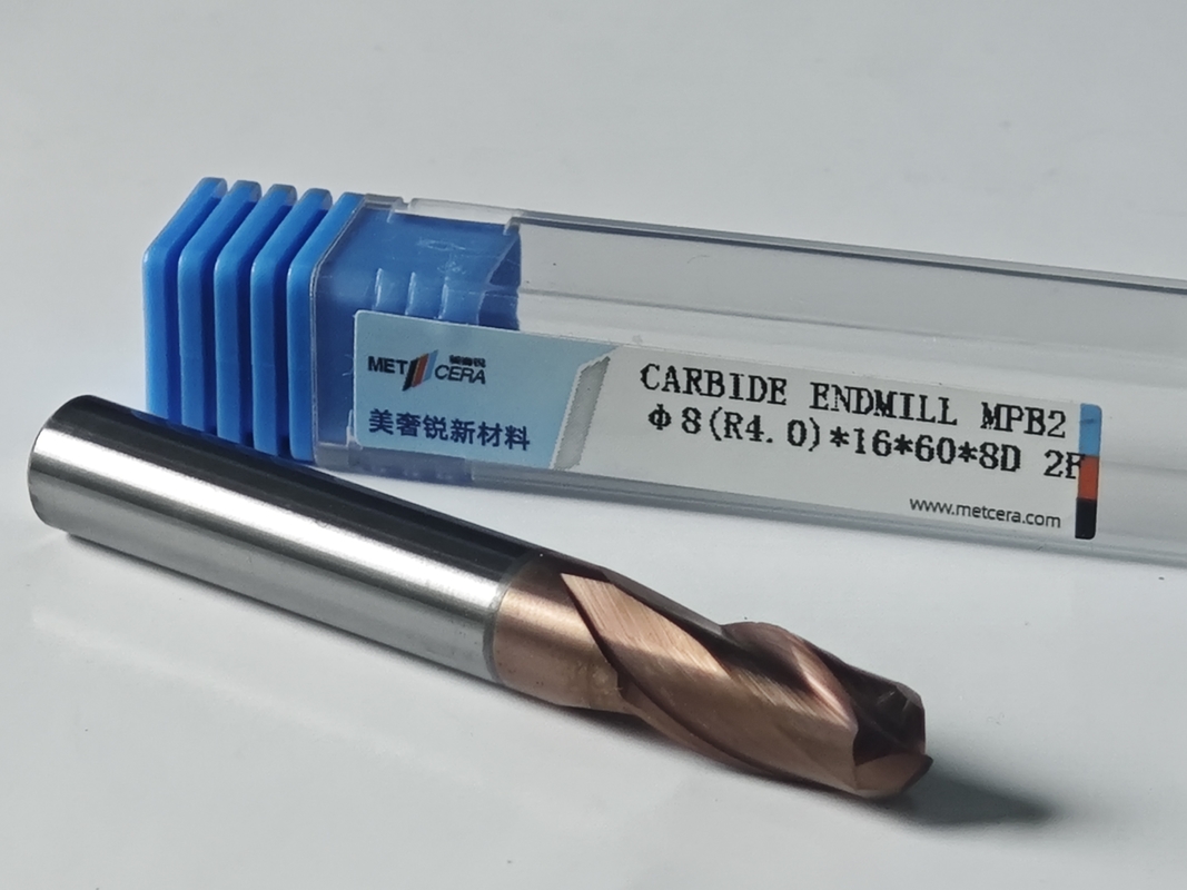MPB2 Solid Carbide Ball Nose End Mill 2 Flutes HRC55-HRC60 R0.5-10 ,8mm, Φ8.0(R4.0)x16x8Dx60mm