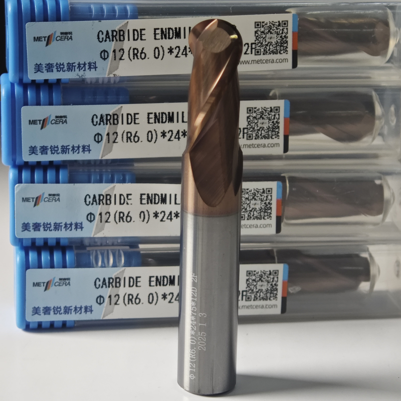 Solid Carbide Ball Nose End Mill 2 Flutes R0.5-10 12mm Φ12.0 R6.0 X24x12Dx75mm Hardness HRC55-60 AlCr Coating For Finishing
